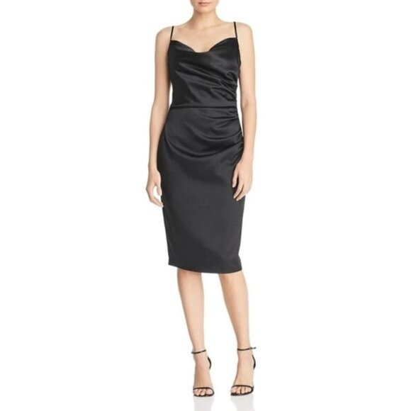 NWT LAUNDRY Black Satin Drape Neck Midi Dress 4 - Picture 1 of 4